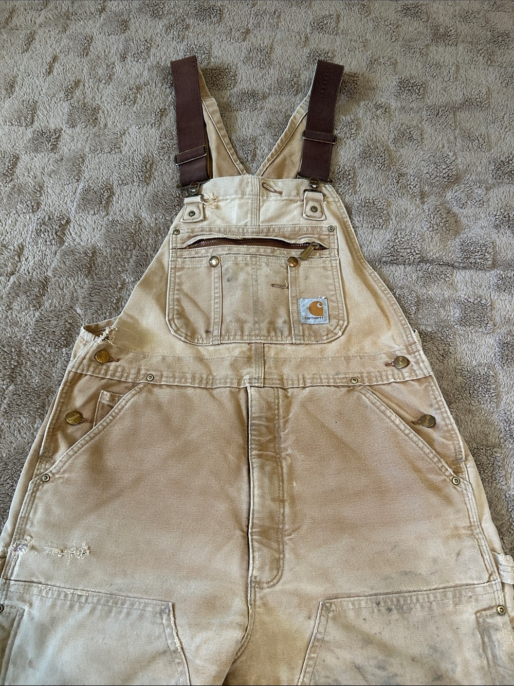 Carhartt Insulated Duck Bib Overalls Brown Quilt Lined Workwear 36x32 Distressed